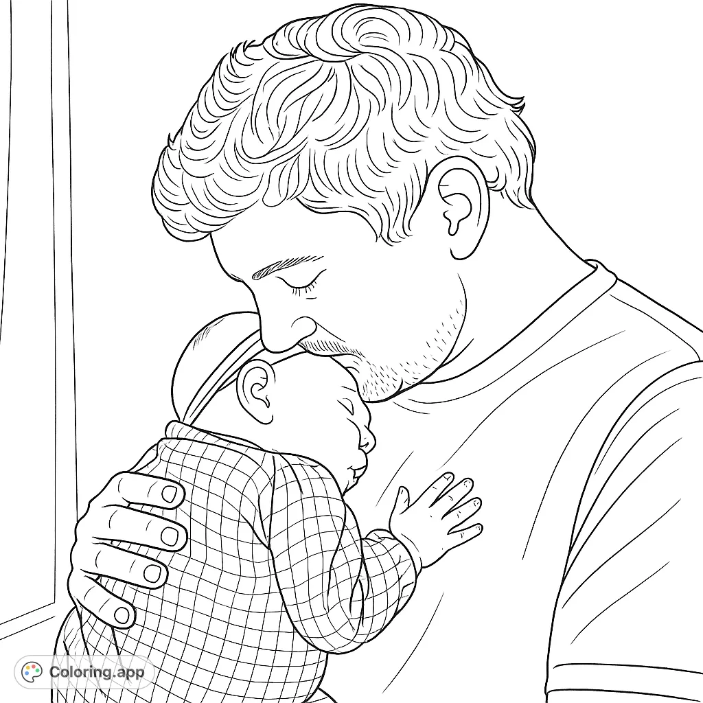 Capture the heartwarming bond between a father and his sleeping baby in a tender embrace. This sweet family moment is perfect for a calming coloring experience.