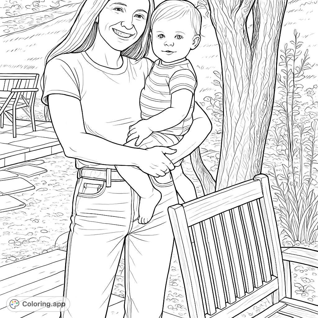 A heartwarming mother and child coloring page, featuring a smiling parent holding their baby in a peaceful garden setting with trees and wooden furniture. Perfect for family moments.