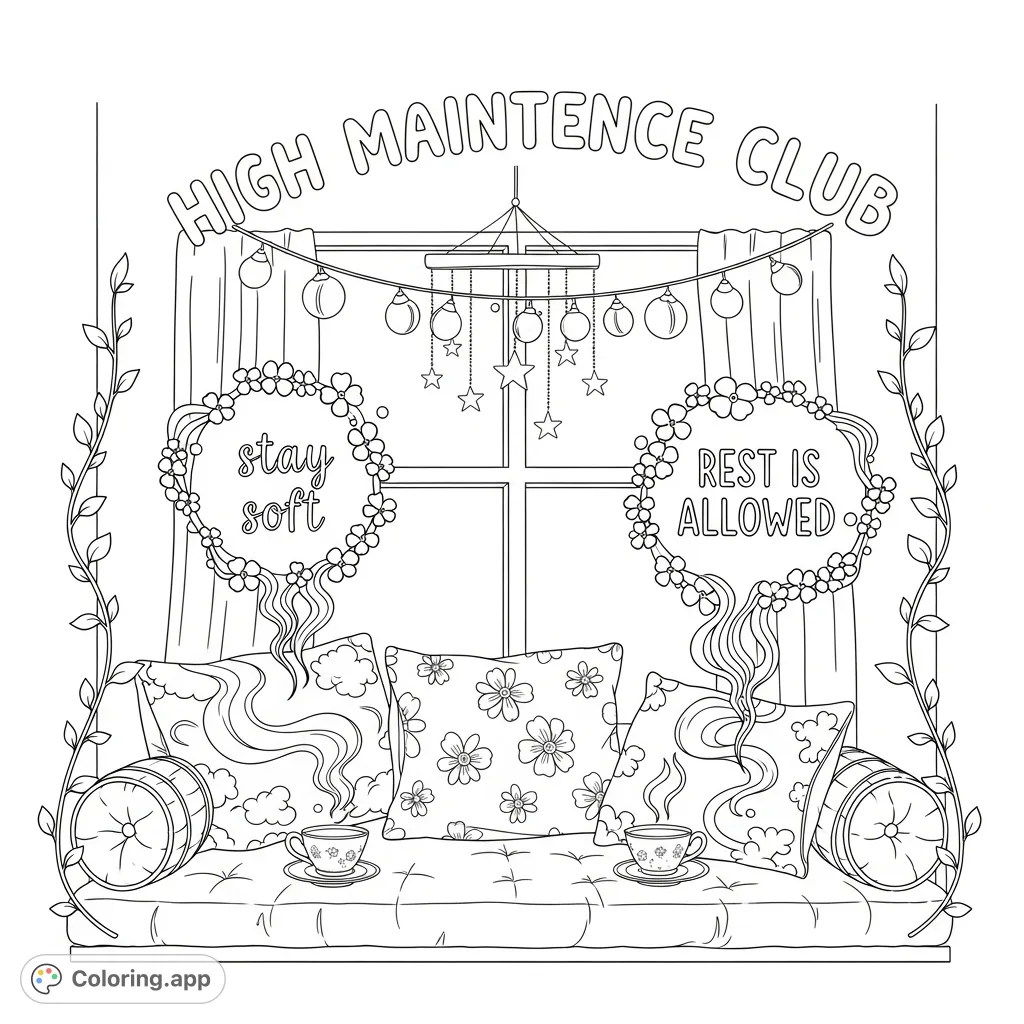 Discover a peaceful window seat sanctuary with decorative cushions, a 'HIGH MAINTENCe CLUB' banner, a star mobile, and encouraging phrases like 'stay soft'. A serene coloring page.