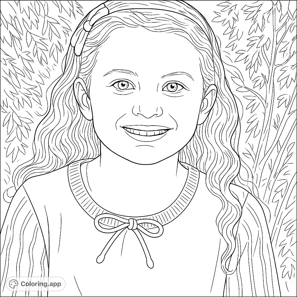 A charming realistic portrait of a smiling young child, featuring a cute bow headband and a sweater with a tied bow, set against a soft natural background.