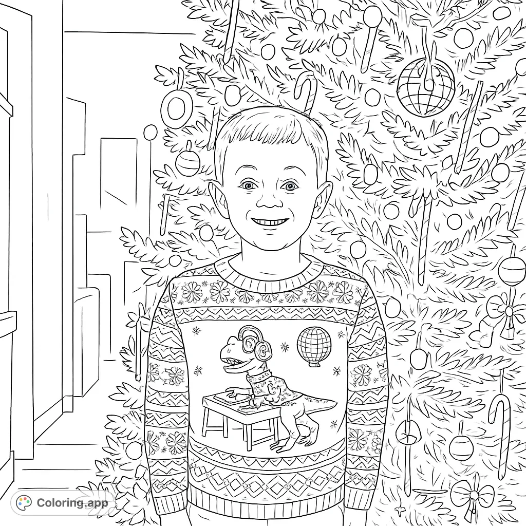 A cheerful boy in a unique dinosaur DJ sweater stands before a beautifully decorated Christmas tree, offering a delightful holiday coloring experience.