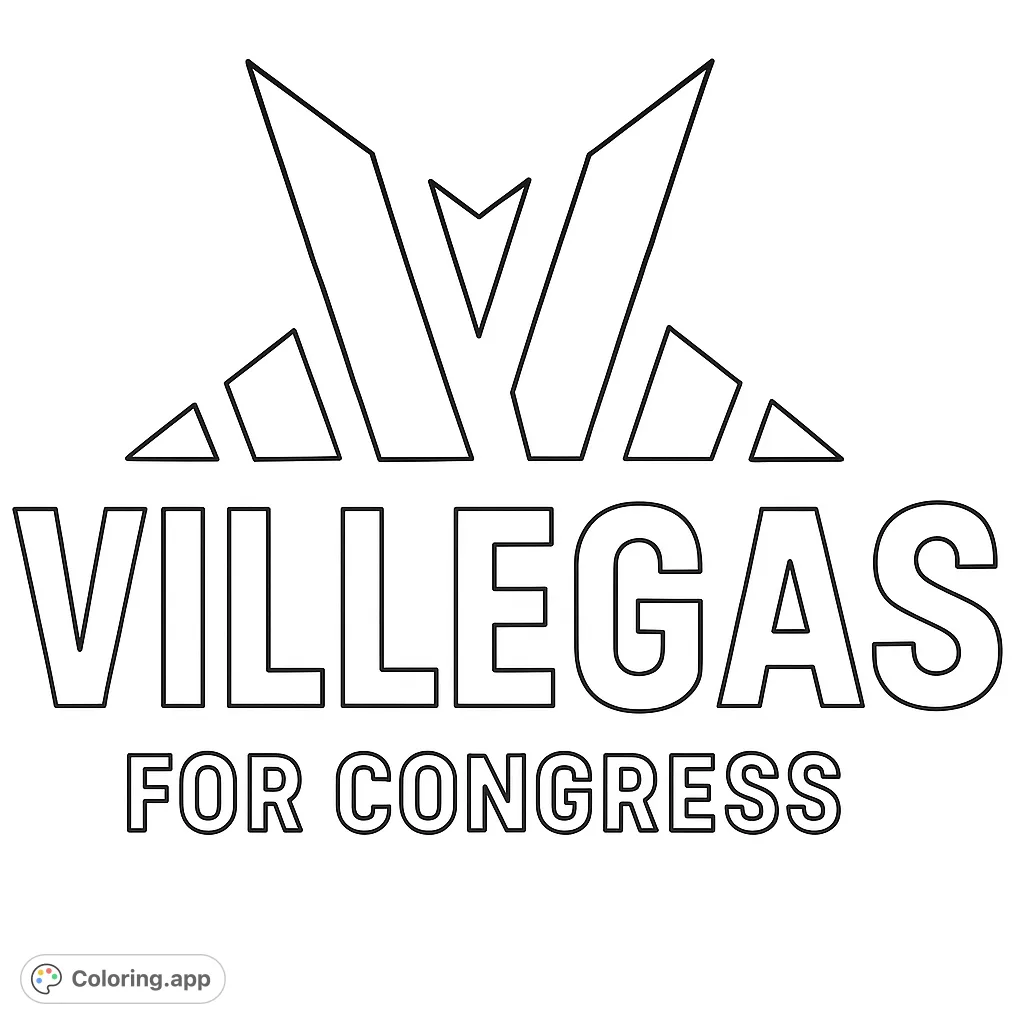 A bold political campaign emblem featuring a stylized letter V, geometric shapes, and the text "VILLEGAS FOR CONGRESS," offering a straightforward coloring experience.