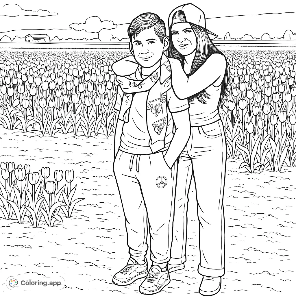 Capture a heartwarming family moment in a breathtaking floral field. Intricate details of blooming plants and two figures offer a rewarding coloring experience.