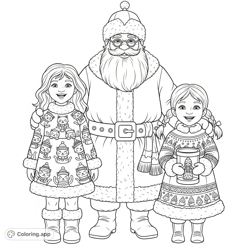 A heartwarming festive family coloring page featuring a jovial figure with two children, detailed with intricate clothing patterns and joyful expressions.