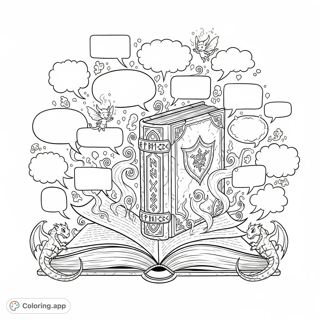 Unleash your creativity with this open book coloring page, surrounded by empty speech bubbles awaiting your imagination. A unique, free printable page!