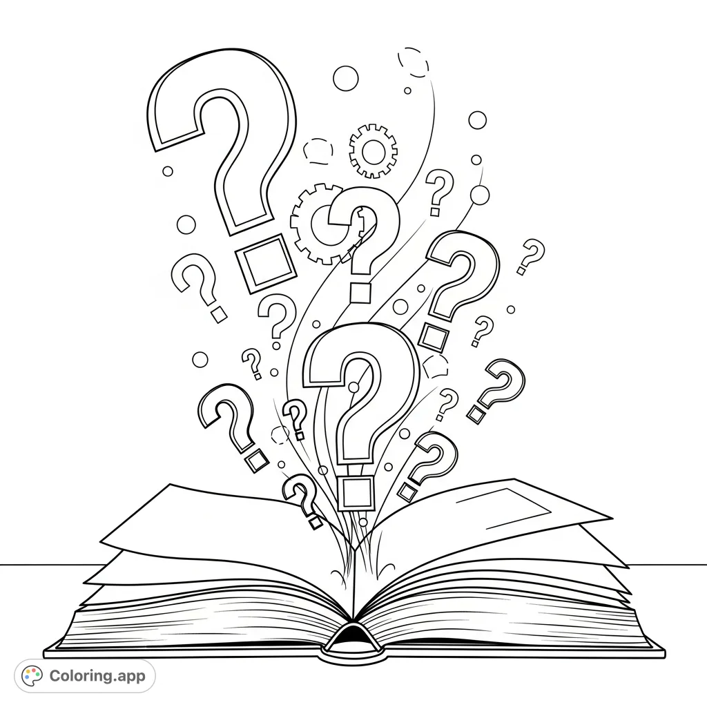 Explore curiosity and knowledge with this open book coloring page. Filled with question marks and symbols, it's perfect for imaginative minds.