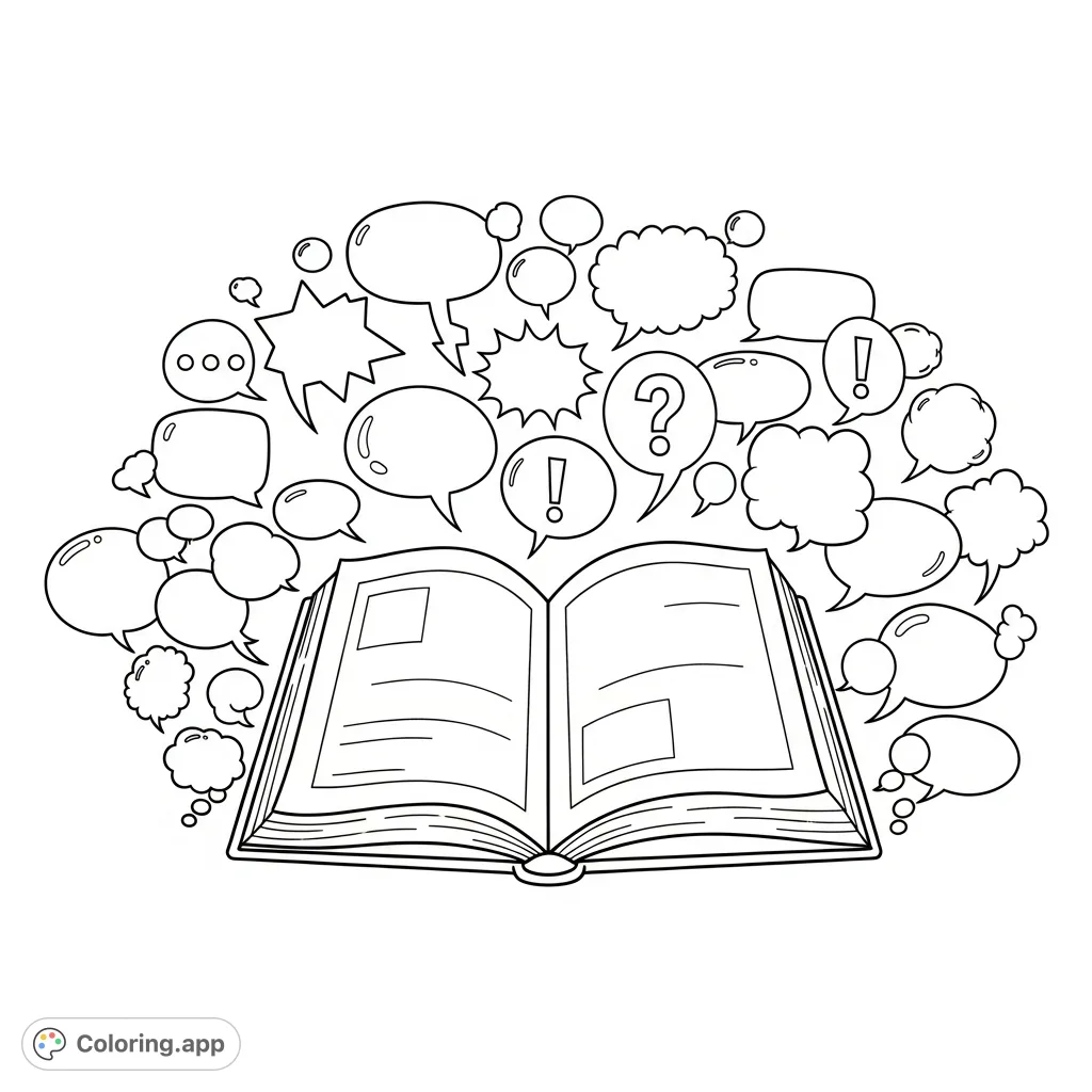 An intriguing coloring page featuring an opened book with numerous expressive speech bubbles floating around its pages. Perfect for creative storytelling and imagination.