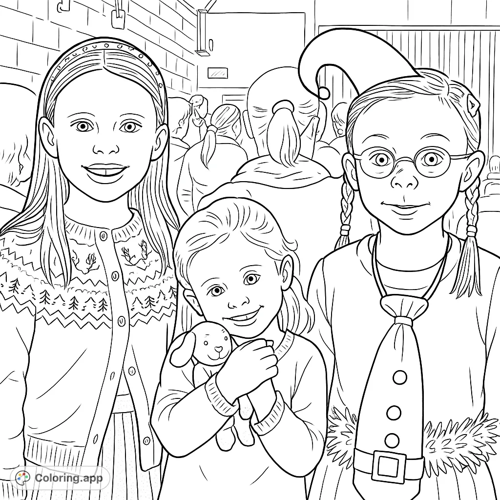 A delightful festive coloring page featuring three cheerful children in holiday attire, complete with elf hats, patterned sweaters, and joyful expressions.