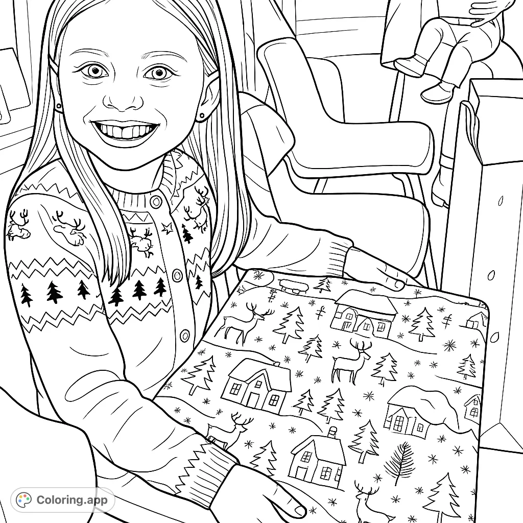A joyful girl smiles broadly while holding a beautifully patterned holiday gift. Her sweater features charming seasonal motifs, perfect for festive coloring fun!
