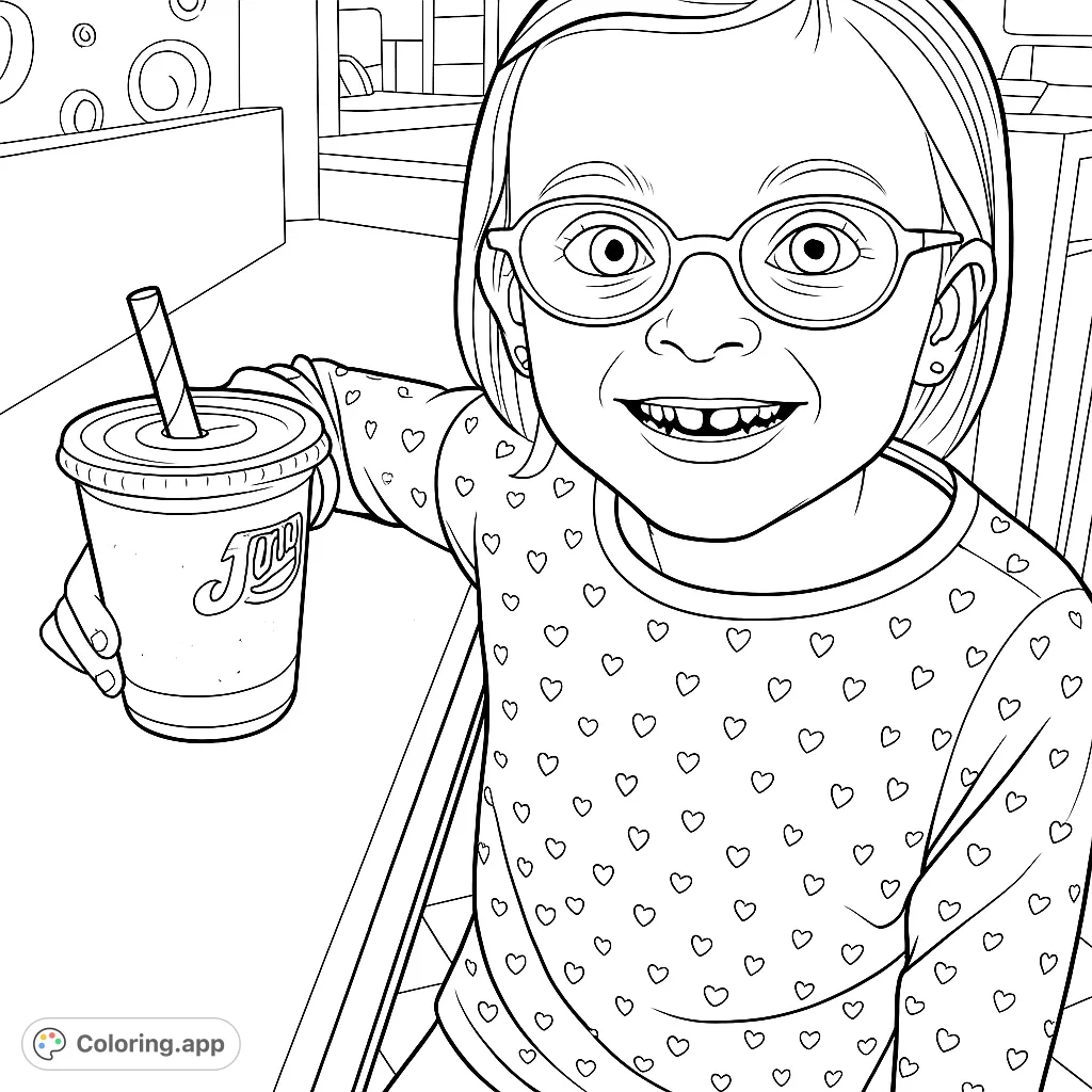 A joyful child with glasses and missing front teeth smiles, holding a drink, offering a fun coloring adventure. Features playful heart patterns on clothing.