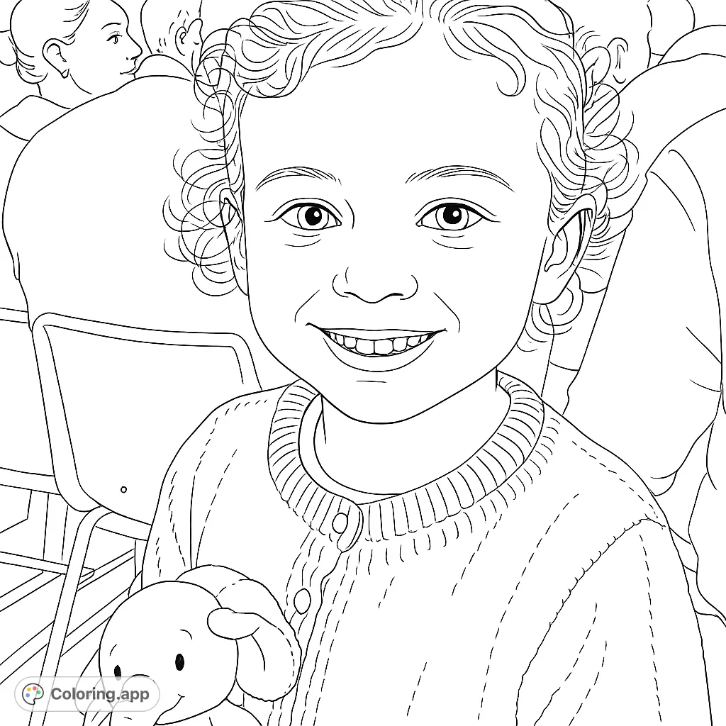 Capture the joyful expression of a child with curly hair, holding a beloved plush toy. A heartwarming portrait for creative coloring.