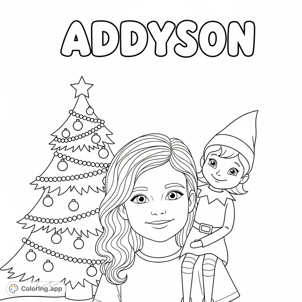 A delightful Christmas scene featuring a smiling girl, Lara, with an Elf on the Shelf on her shoulder, a festive tree, and the name 'Addyson' in bubble letters.