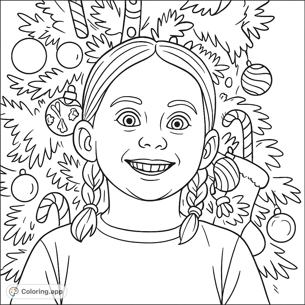 A joyful child with pigtails smiles broadly in front of a heavily decorated festive tree, featuring various ornaments. Perfect for holiday cheer.