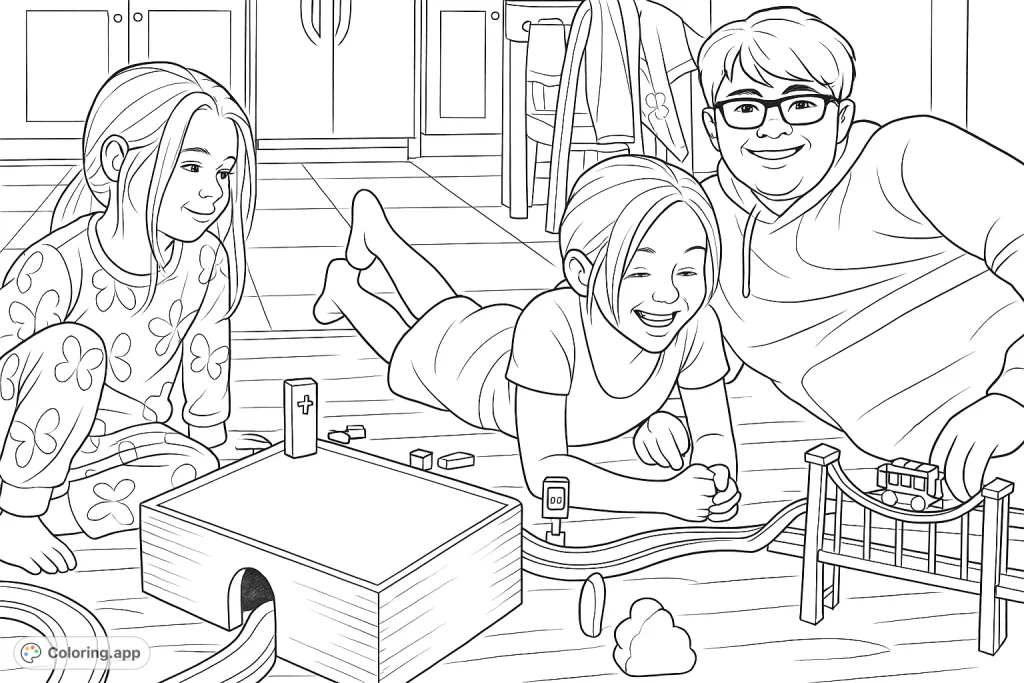 Three cheerful children play intently with a detailed wooden train set on a floor, creating a scene of joyful shared activity and imagination.