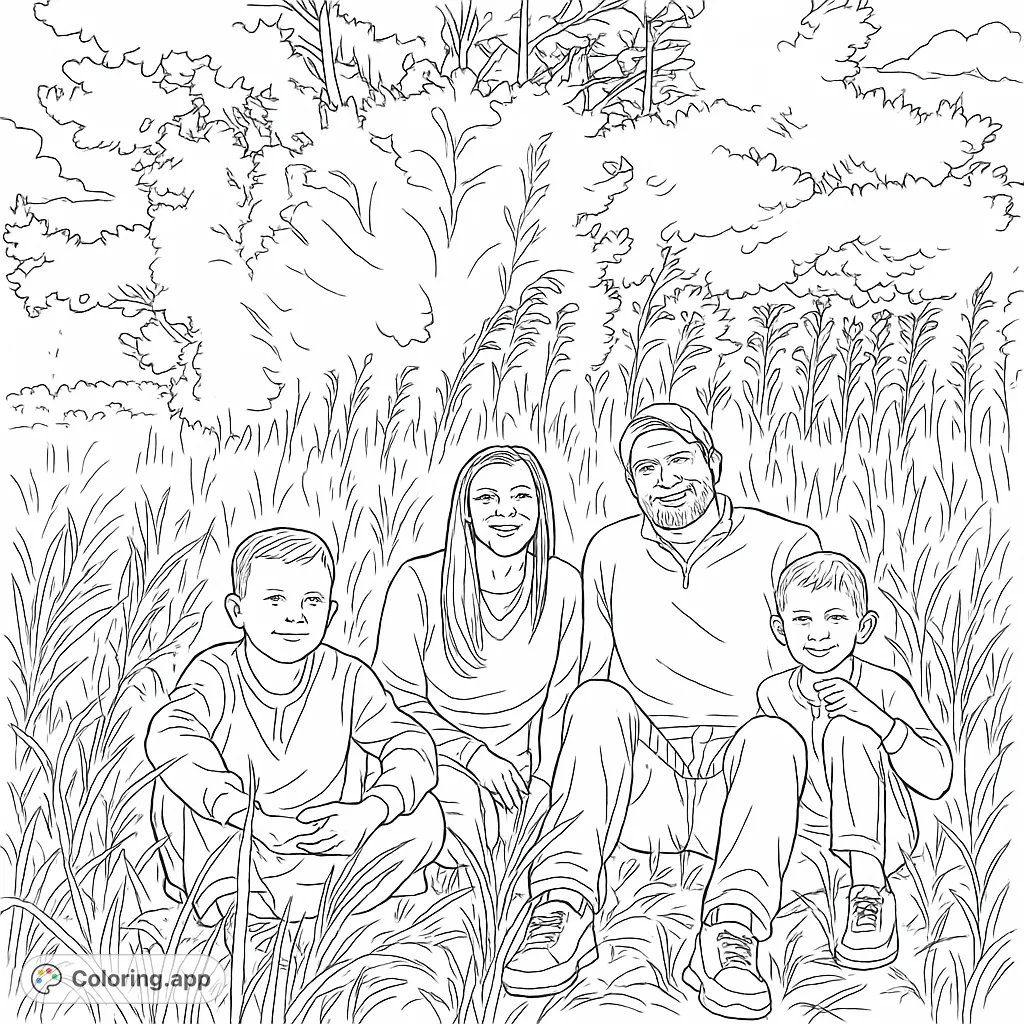 A heartwarming family portrait featuring two adults and two children seated among tall grass, with dense trees and a luminous sky in the background.
