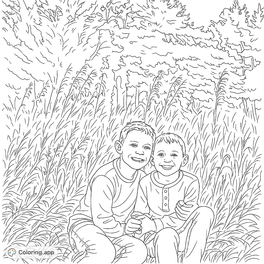 A heartwarming free printable family coloring page featuring two smiling brothers embracing in a field of tall grass against a backdrop of dense trees.