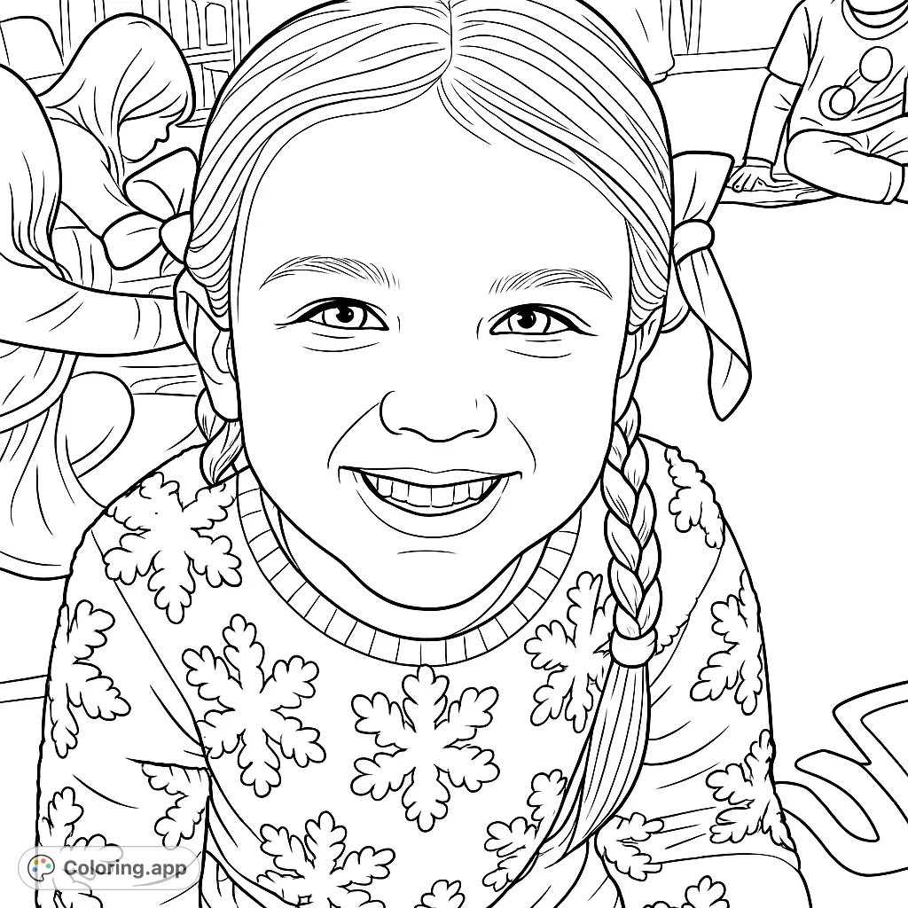 A joyful child in a snowflake sweater with braided pigtails and bows, radiating cheer. Perfect for a festive and warm winter coloring experience.