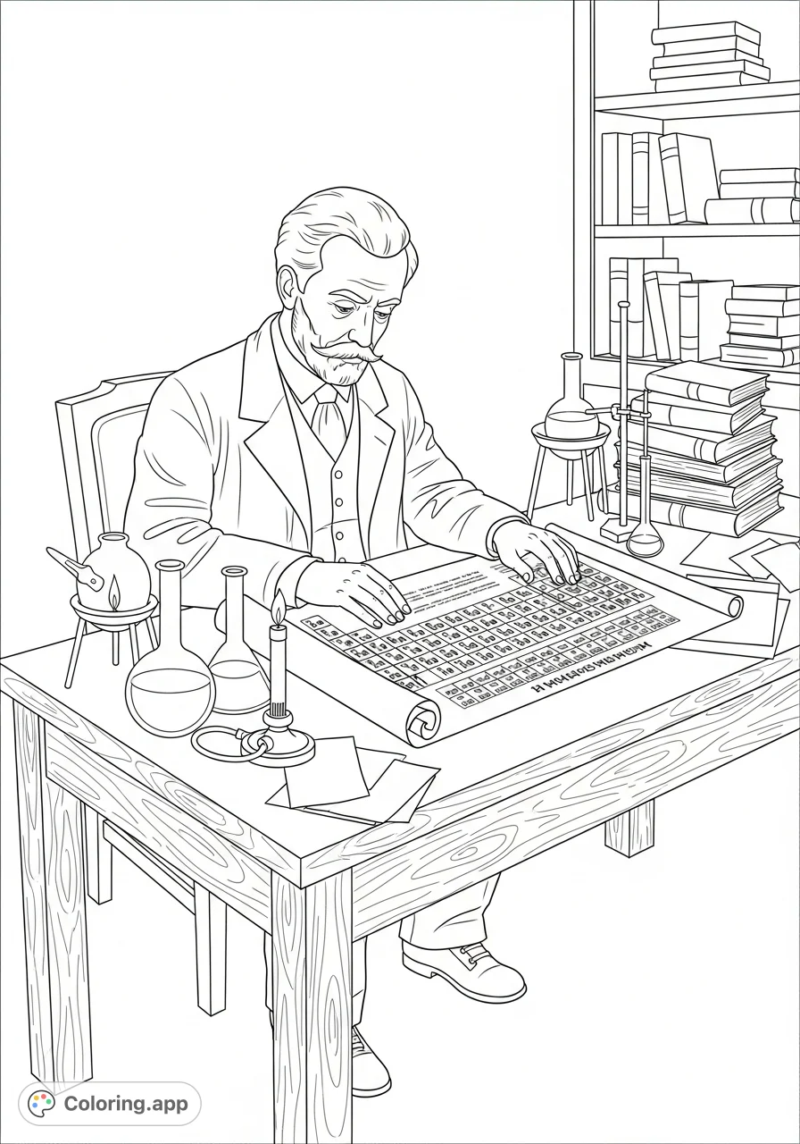Explore the historic moment Dmitri Mendeleev unveiled the periodic table. A detailed scene capturing scientific discovery, perfect for chemistry enthusiasts.
