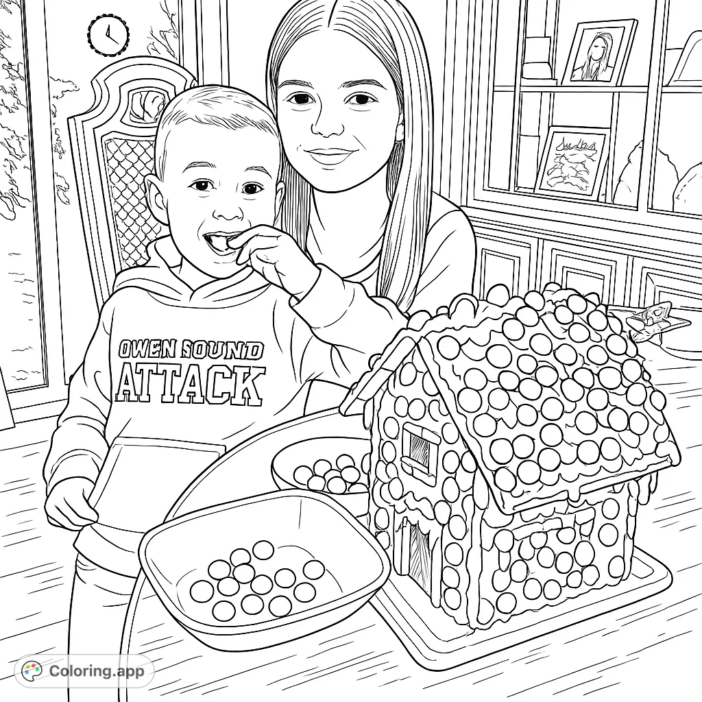 Capture the joy of holiday baking with this detailed gingerbread house coloring page, featuring two individuals adding festive candies and icing.