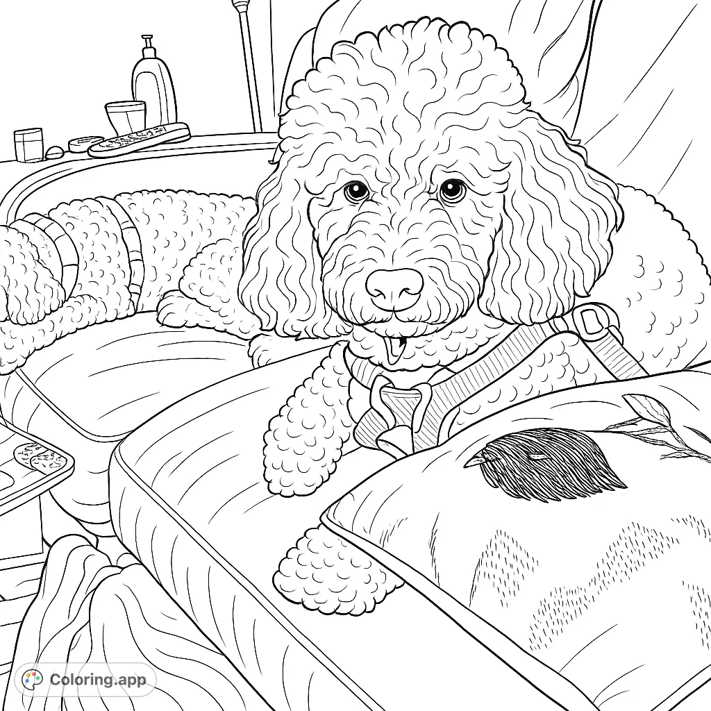 Two adorable, curly-haired dogs lounge comfortably on a plush couch, inviting a calming coloring experience with detailed textures and a cozy setting.