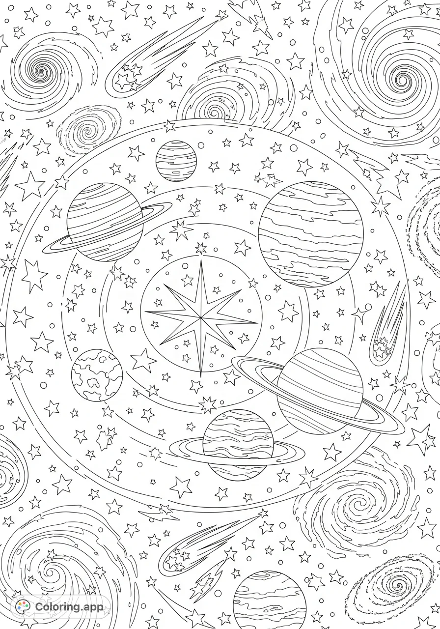 Explore the vastness of space with this intricate, pattern-like solar system coloring page. Featuring planets, stars, and nebulae in a mesmerizing cosmic design.