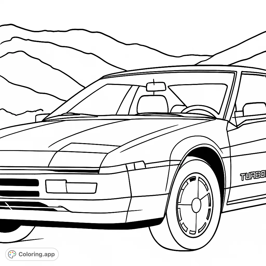 Color a sleek, angular retro sports car set against rolling hills. A fun, detailed free printable vehicle coloring page for enthusiasts.