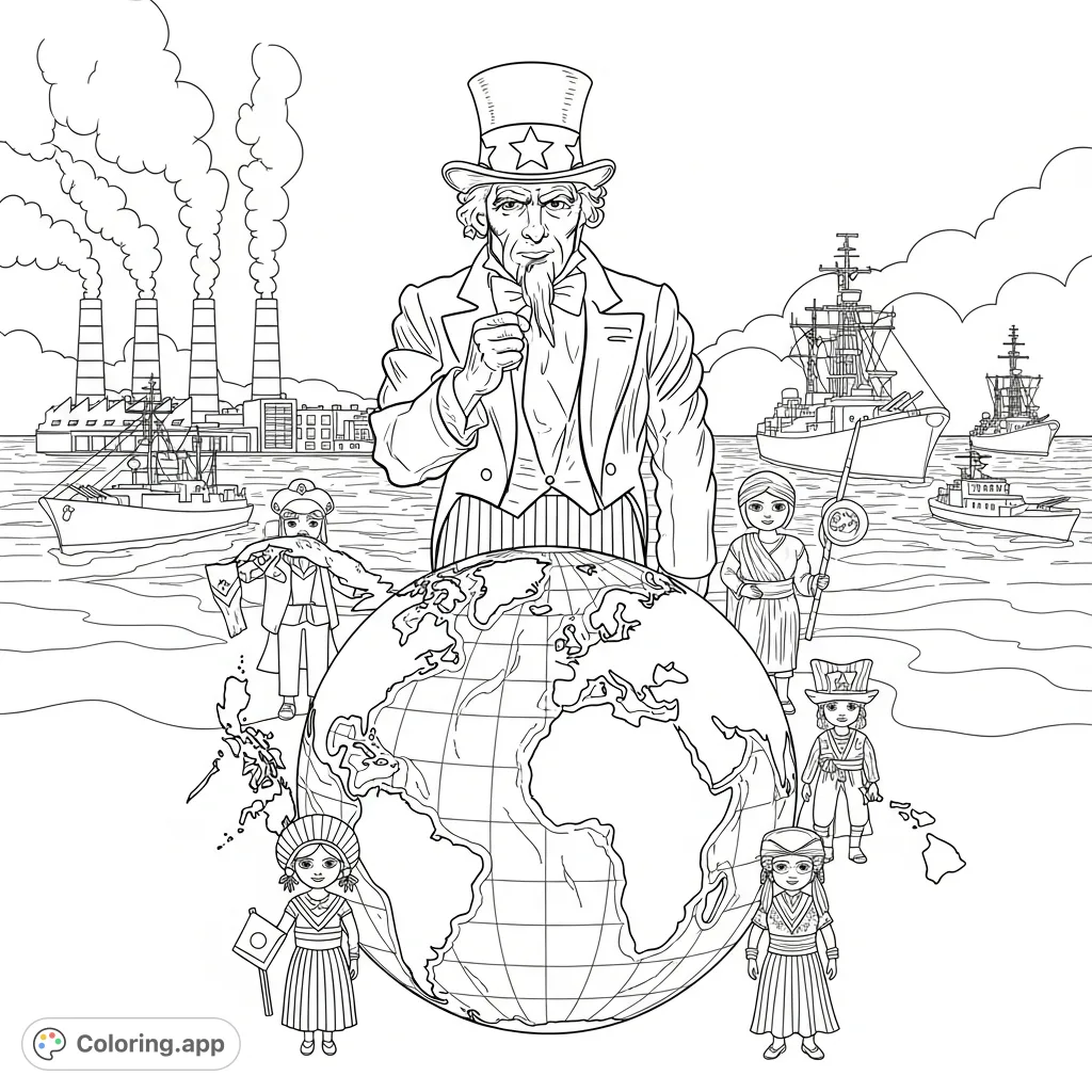 Explore an intricate historical scene depicting Uncle Sam and symbolic representations of U.S. expansion during the early 20th century, perfect for history enthusiasts.