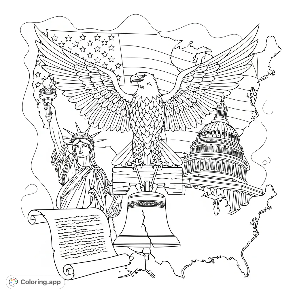 Explore a rich tapestry of American history through iconic symbols like the Statue of Liberty, Bald Eagle, and Liberty Bell in this engaging coloring page.