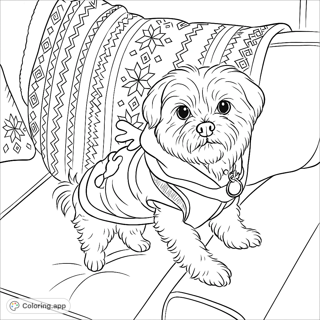 A delightful fluffy dog in a festive reindeer-themed costume, sitting on a sofa with a patterned blanket. Perfect for holiday cheer!