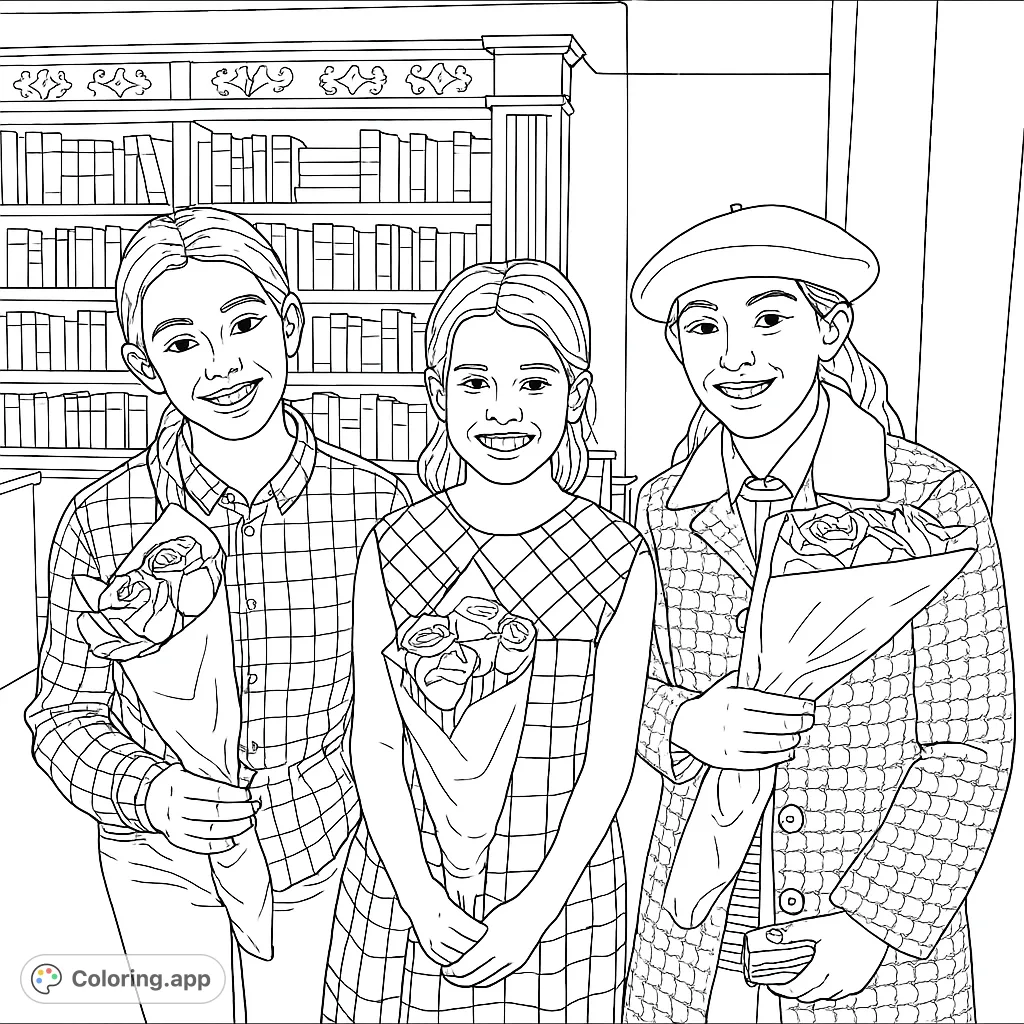 Three cheerful friends pose with bouquets of flowers, set against a backdrop of a grand bookcase. A delightful scene for creative coloring fun!