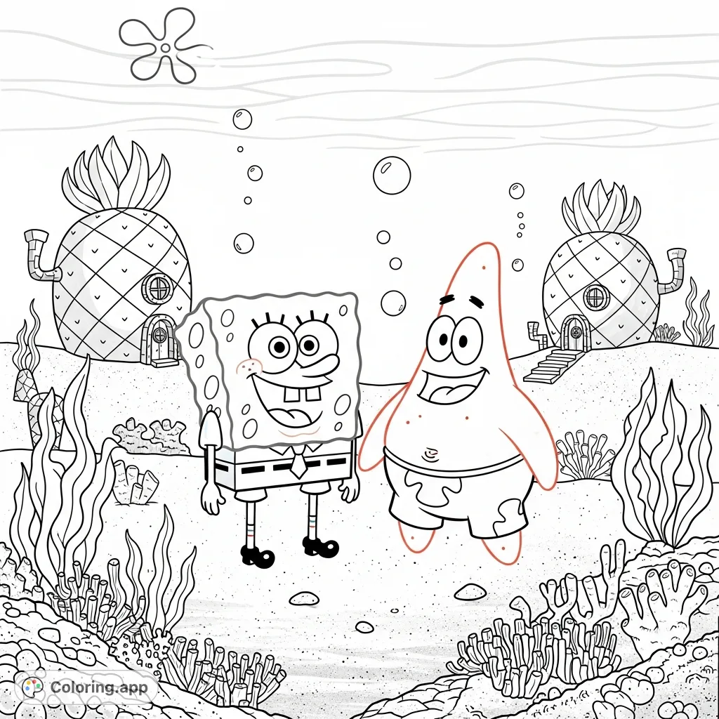 Dive into a delightful Spongebob and Patrick coloring page! Join the best friends in Bikini Bottom, surrounded by coral and their iconic homes. Perfect for fans!