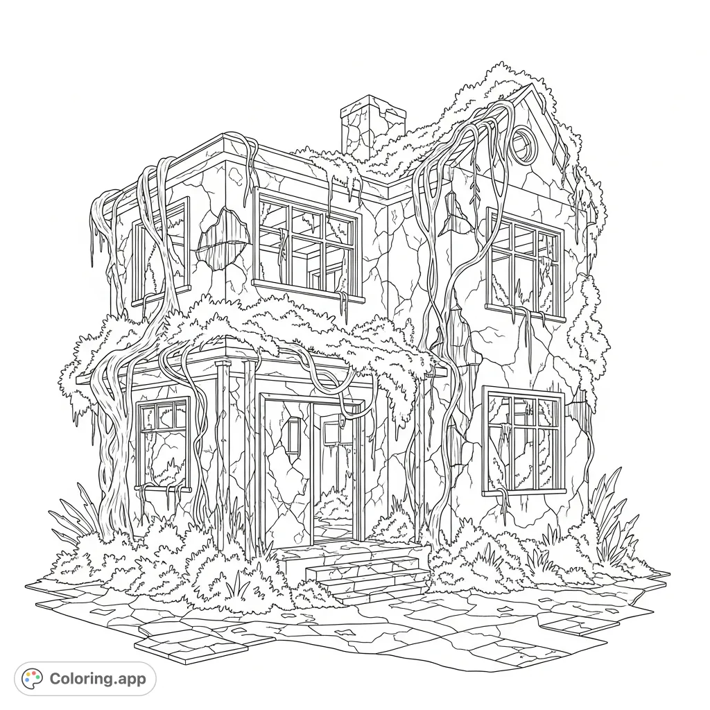 Explore a desolate post-apocalyptic dystopian scene featuring a ruined home with cracked walls and abundant overgrown vegetation. A captivating, free printable coloring page.
