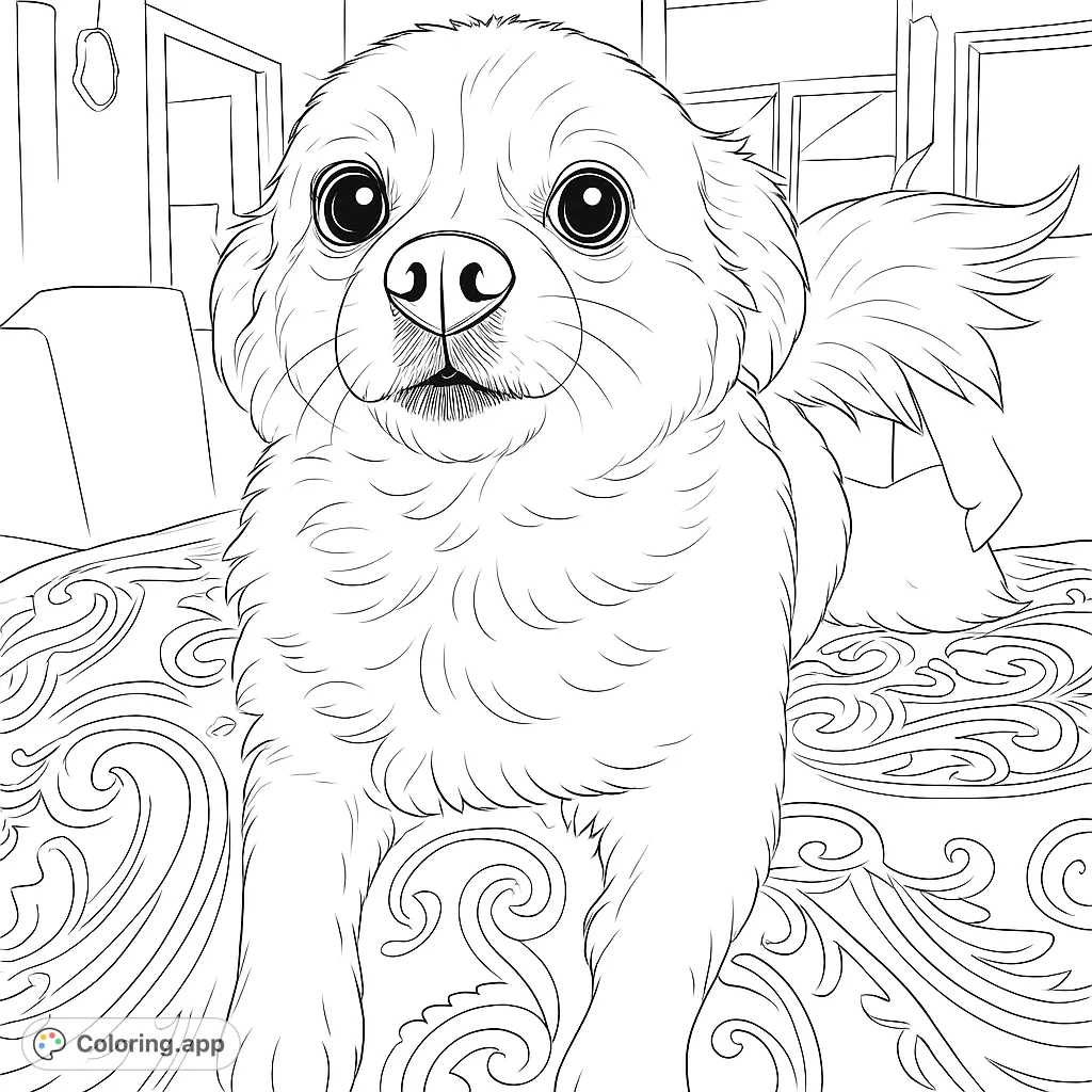 Discover an adorable fluffy dog with expressive eyes, sitting on a beautifully patterned blanket. This sweet canine coloring page is perfect for animal lovers of all ages.