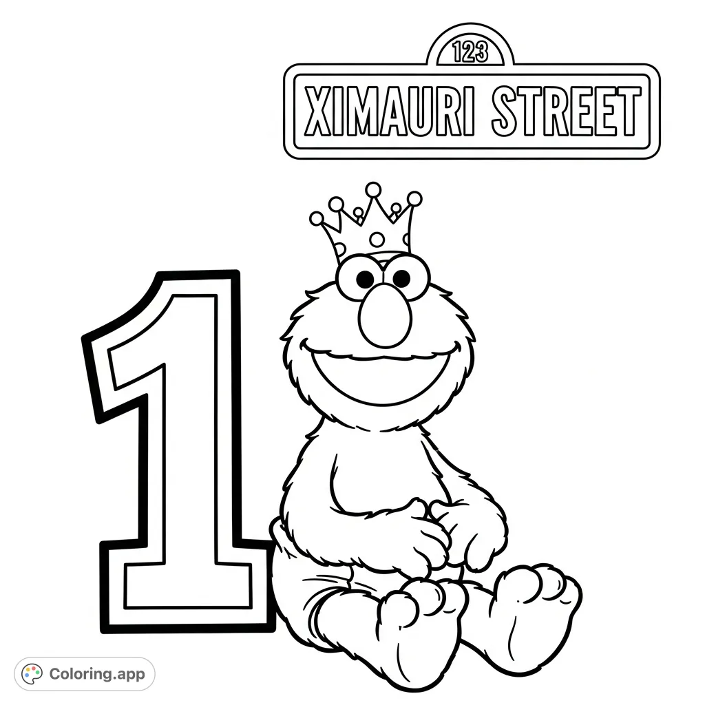 Elmo, wearing a crown and diaper, sits beside a large numeral '1' and a street sign for 'XIMAURI STREET 123'. A delightful Elmo coloring page.
