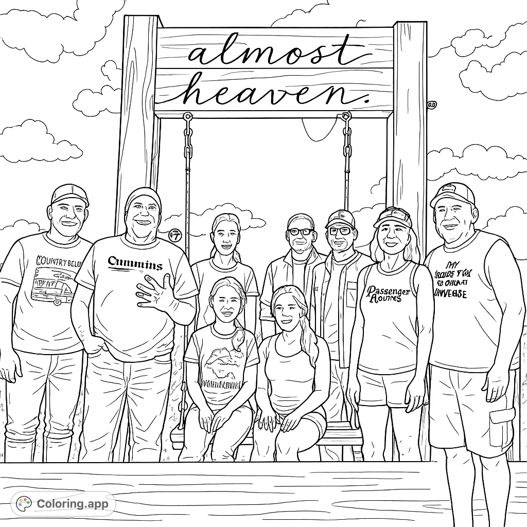 Capture a memorable group portrait at a scenic overlook with a unique 'Almost Heaven' sign. Perfect for remembering special trips and camaraderie.