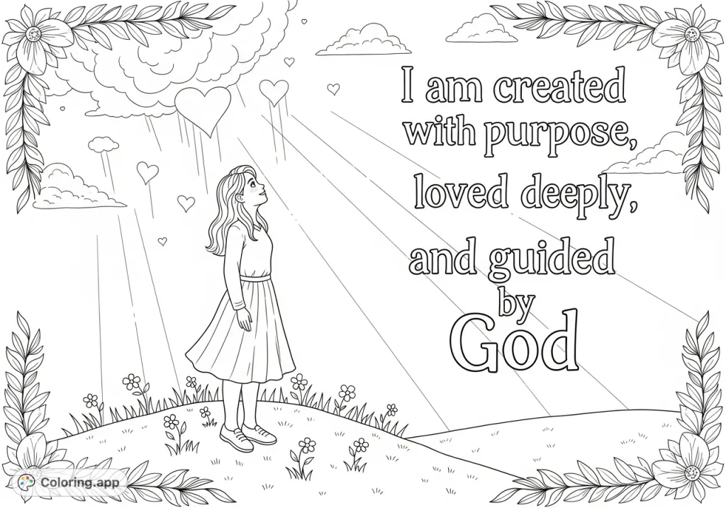 A teenage girl on a gentle hill, smiling up at a sky with heart clouds, sun rays, and an empowering quote: "I am created with purpose, loved deeply, and guided by God."
