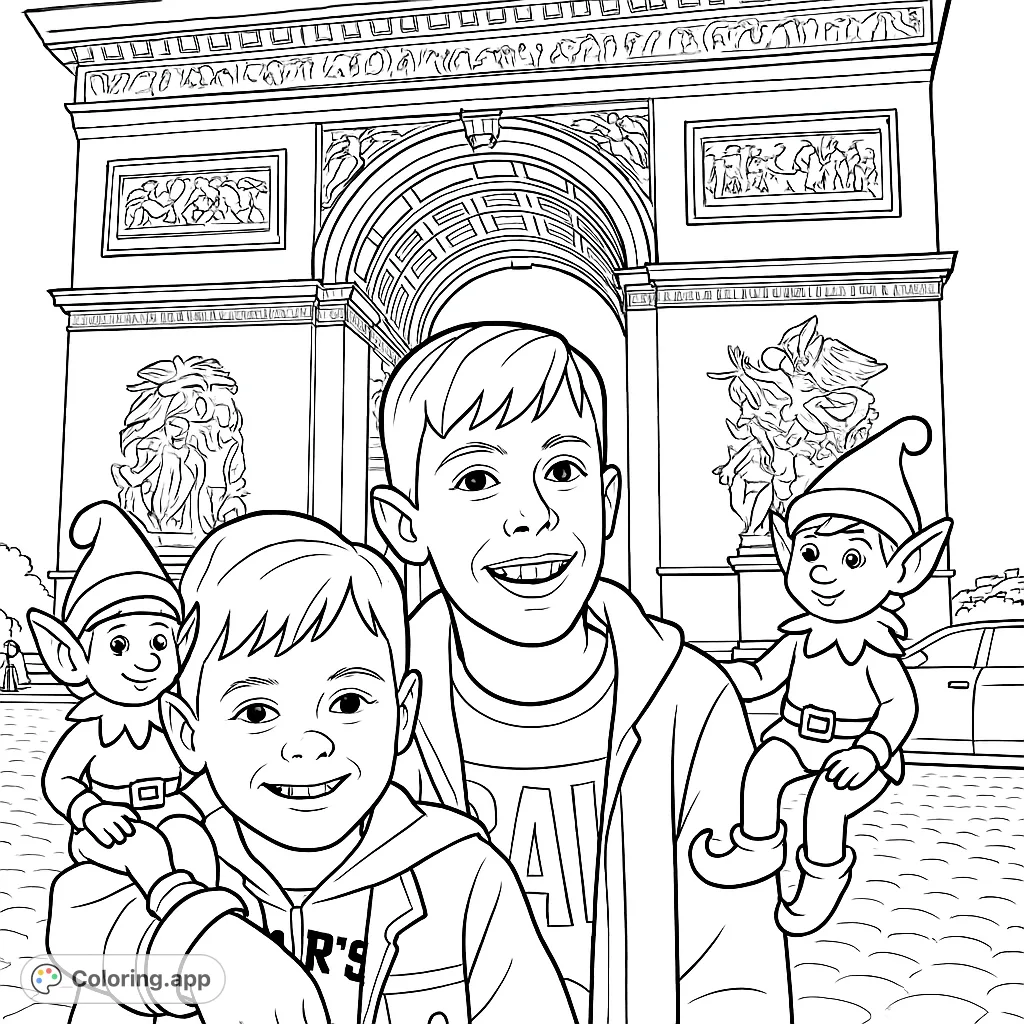 Two smiling brothers pose with their elfin friends in front of a grand architectural monument. An engaging scene, this Parisian landmark coloring page is perfect for creative fun and historical exploration.
