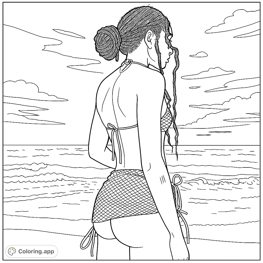 Relax by the shore with this beach scene coloring page. A person stands facing the ocean, with braided hair and a patterned sarong, under a cloud-dappled sky.