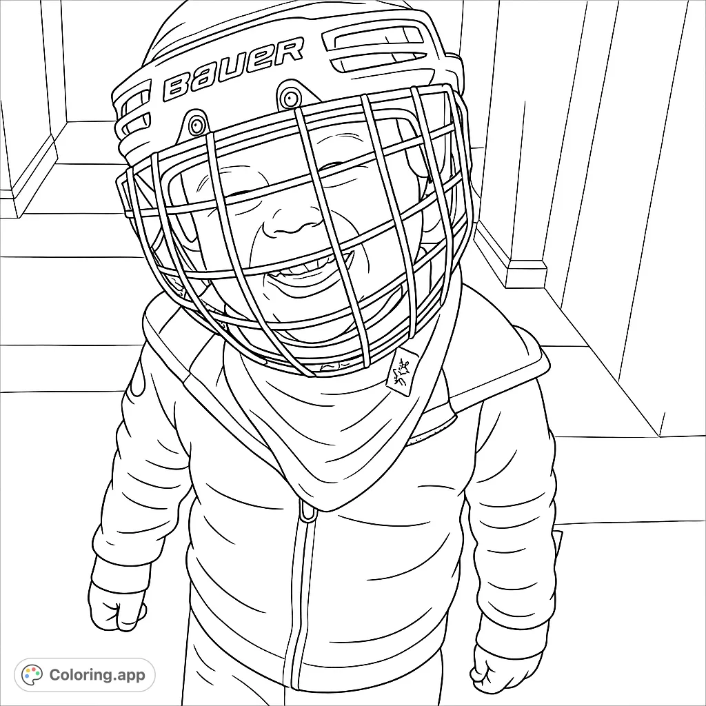 A joyful child sports a hockey helmet and grins widely, ready for adventure. A fun, free printable hockey coloring page for kids and sports enthusiasts.