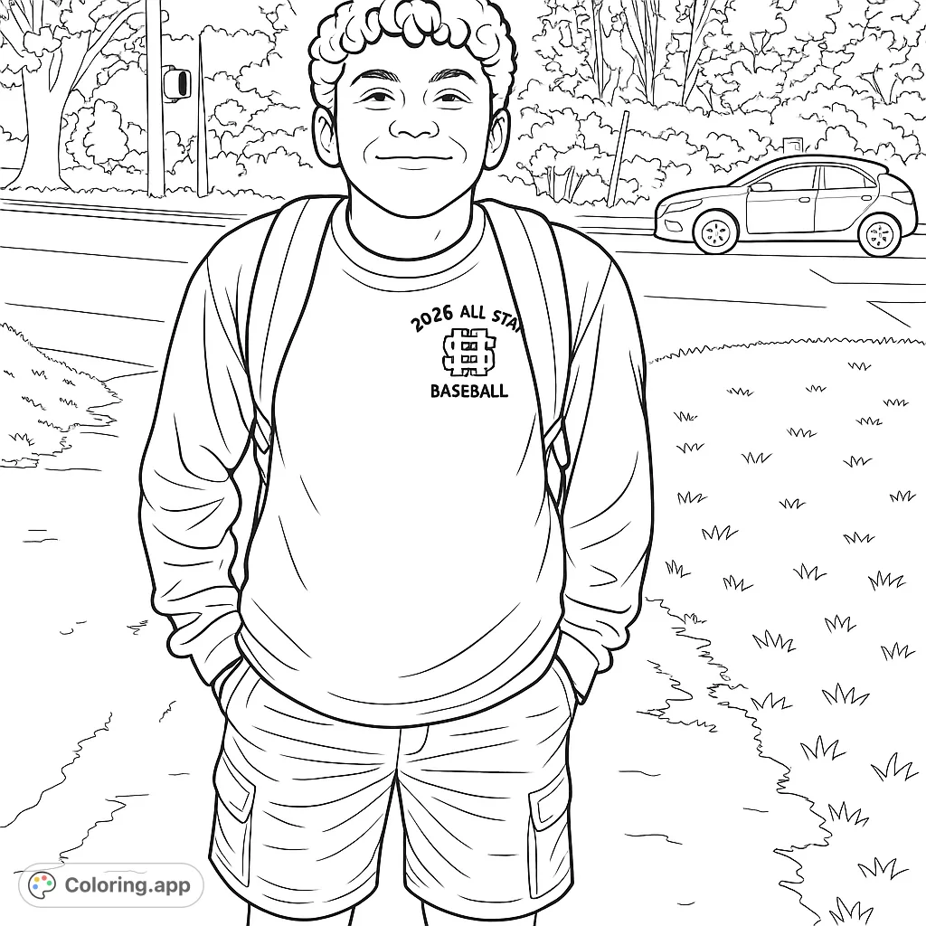 A cheerful boy with a baseball emblem shirt and backpack, standing on a sidewalk with a street, grass, and trees in the background, ready for coloring.