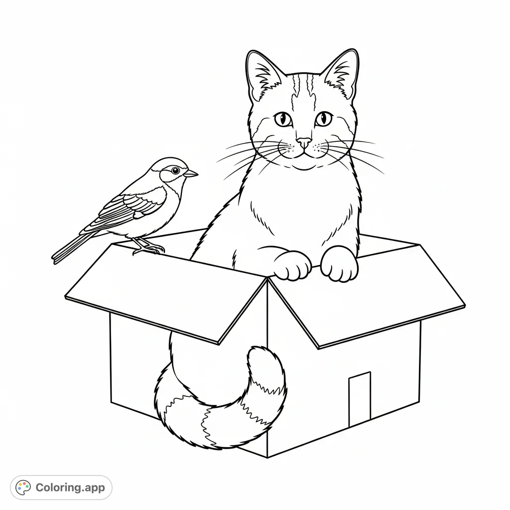 Discover a charming free printable cat coloring page featuring a domestic cat sitting in a box with a friendly bird. Perfect for all ages.