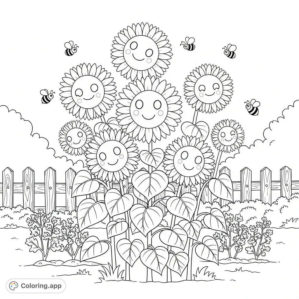A cheerful garden comes alive with happy sunflowers, each featuring a gentle smile. Bees buzz around tall, leafy stems, creating a serene and joyful nature scene. Perfect for coloring.