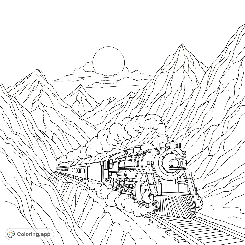 A powerful steam train journeys through a majestic mountain range as a beautiful sunset illuminates the sky. Perfect for train and nature enthusiasts!