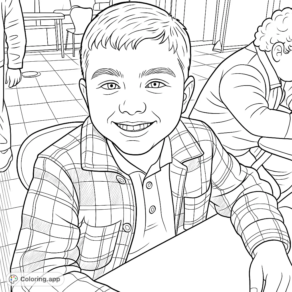 A cheerful boy in a plaid shirt smiles brightly, ready for a fun coloring session in a classroom setting. Perfect for school-themed creativity!