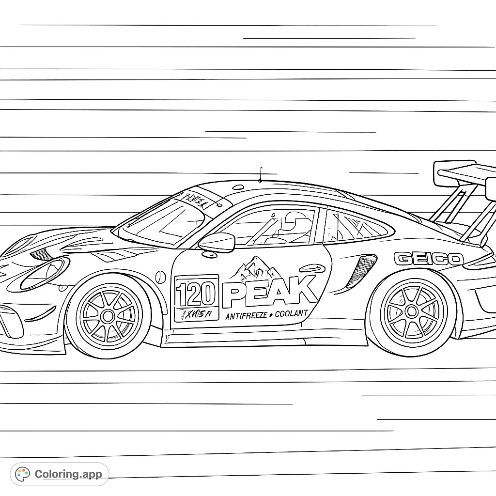 Experience the thrill of motorsport with this dynamic race car coloring page. Features sleek vehicles, intricate details, and exciting sponsor logos.