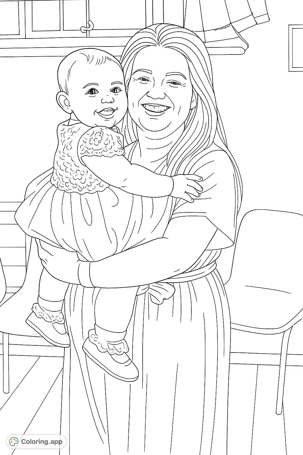 Capture the tender bond between a mother and her baby with this heartwarming, free printable family coloring page for all ages. Simple and sweet!
