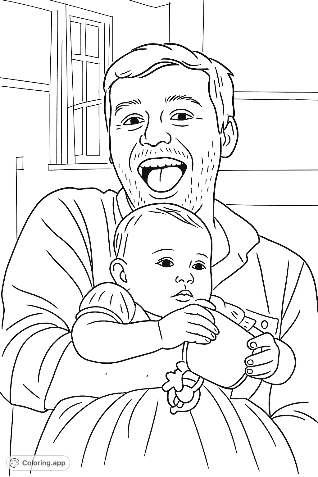 Capture a heartwarming moment with this simple coloring page featuring a smiling man holding a sweet baby, perfect for family fun.