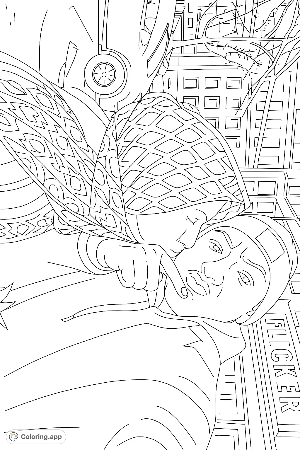 Two individuals share an intimate moment in a bustling city setting. Features patterned garments, urban architecture, and a sense of close connection. A compelling scene.