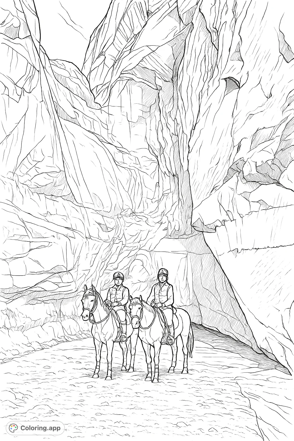 Embark on a canyon adventure! Two riders on horseback explore a towering slot canyon, perfect for detailed coloring and an immersive experience.