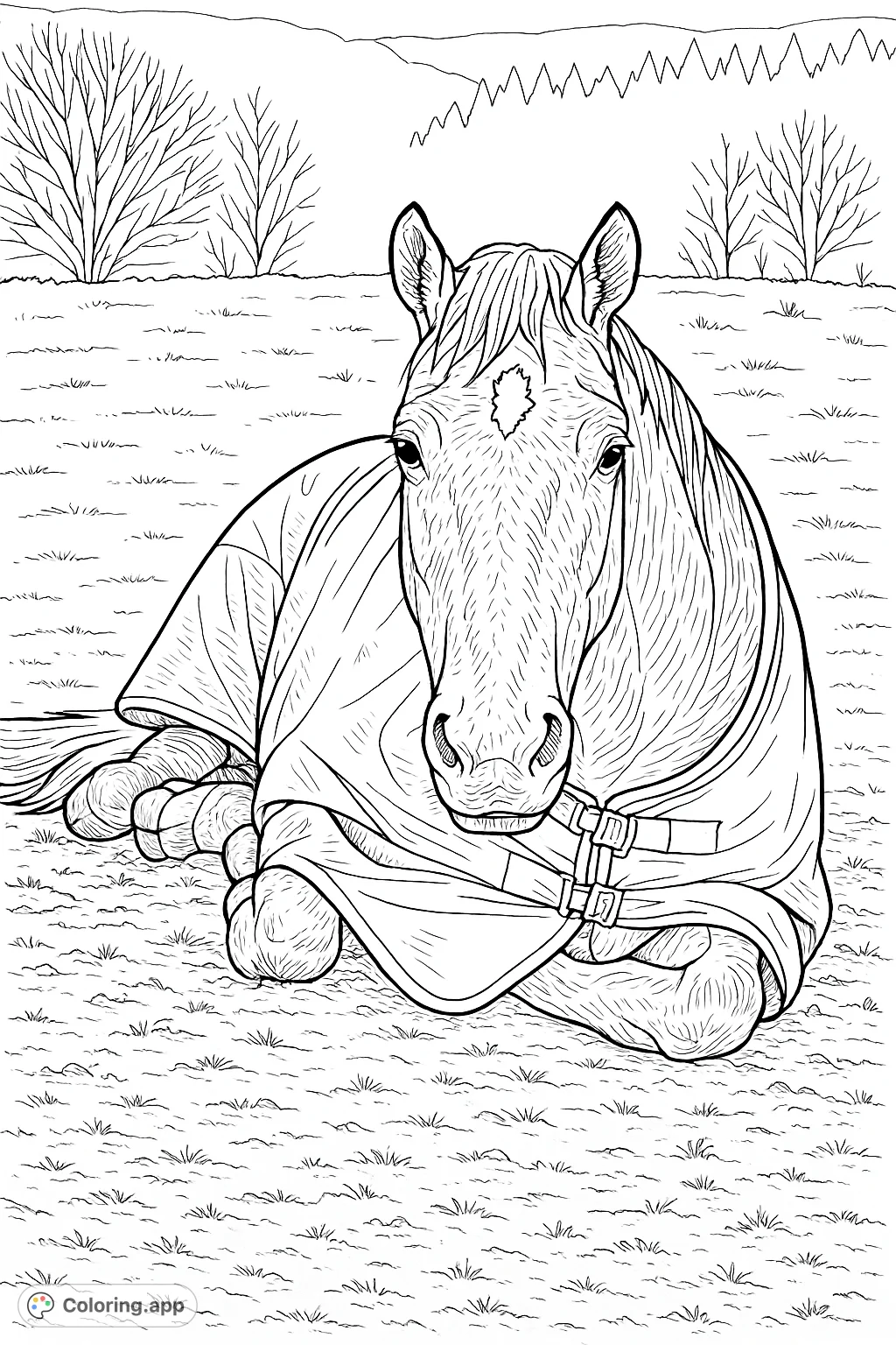A detailed horse coloring page featuring a peaceful horse lying in a grassy, muddy field, snugly covered by a blanket. Perfect for animal lovers.